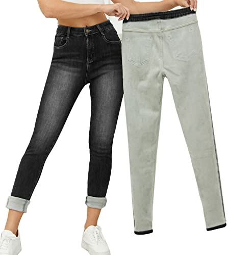 Yehopere Women's Winter Fleece Lined Jeans Slim Fit Warm Skinny High Waist Denim Jean, Black Retro Washed, Large