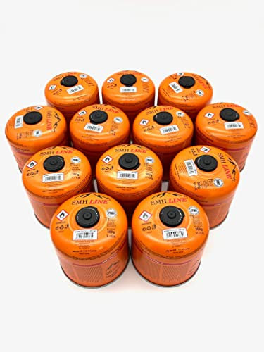 SMH LINE® Lot de 12 cartouches à visser butane de 500 g - Filetage universel 7/16 - Cartouches de gaz à valve EN 417 - Pour réchaud de camping - Chauffage à gaz - Chalumeau à souder