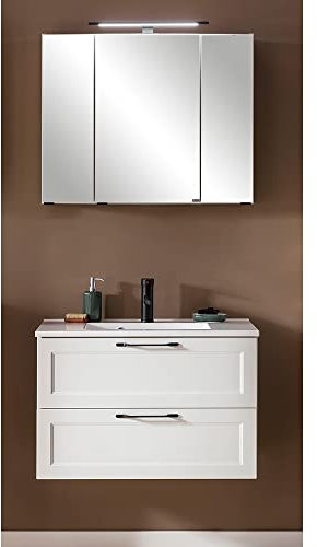 Lomadox Badmöbel Waschplatz Set in weiß 80 cm Waschtisch und Spiegelschrank, B/H/T ca. 80/200/47 cm