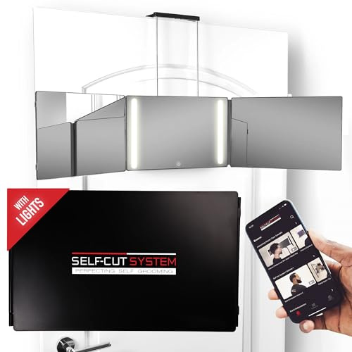 Self-Cut System - 3-Wege-Spiegel mit Lichtern - Drei-Wege-Spiegel zum Selbstschneiden - Türspiegel - Dreifachspiegel - 360-Grad-Spiegel - Friseurspiegel - Selbsthaarschnitt-Spiegel (Travel 3.0 LED)