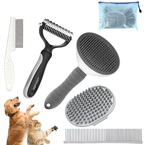 WOPQAEM 5 in 1 Dog Grooming Kit, Self-Cleaning Slicker Brush for Dogs & Cats, Shedding for Short & Long Haired Pets. Includes Comb, Flea Comb, Bath Brush, Undercoat Rake - Grey