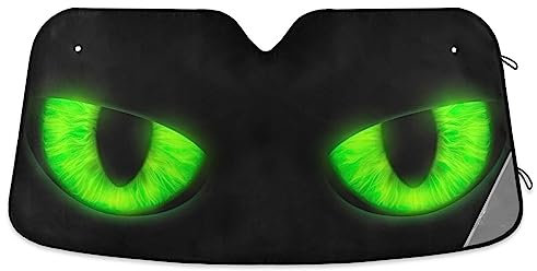 ODAWA Parasol para parabrisas de coche, diseño de ojos de gato, plegable, bloquea los rayos UV y mantiene el vehículo fresco,Ojos de gatos verdes sobre fondo negro,Talla única