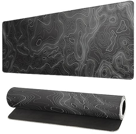 Topographic Contour Extended Big Mouse Pad Abstract Desk Mat 31.5x11.8 Inch Non-Slip Rubber Base Large Geographic Map Lines Gaming Mousepad Stitched Edges Keyboard Mouse Mat Desk Pad for Gaming