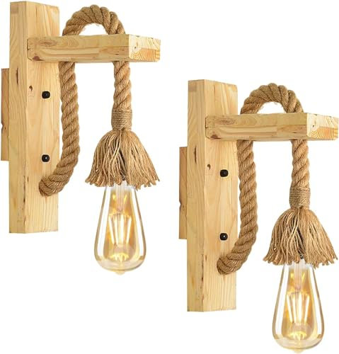 LEDSone Applique Murale Rustique en Bois avec Suspension en Corde, pour Salon, Chambre à Coucher, Salle à Manger, Cuisine, Salle de Bain