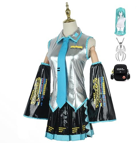 Anime Hatsune Miku Cosplay Kostüm mit Perücke Geschenk für Manga-Liebhaber Halloween-Karneval-Party-Verkleidung Uniform Outfits Kostüm für Erwachsene Geeignet für Bühnenaufführungen (2XL, Grau)