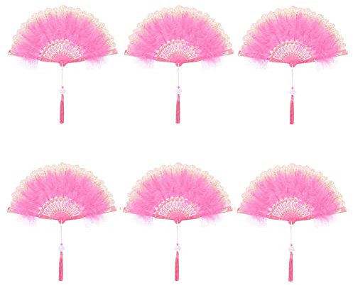 MoreChioce 6PCS Foldable Feather Fan, 1920s Vintage Style Flapper Hand Fan Fabric Plastic Frame Marabou Feather Fan for Women Costume Party Photoshoot Wedding Decoration,Pink