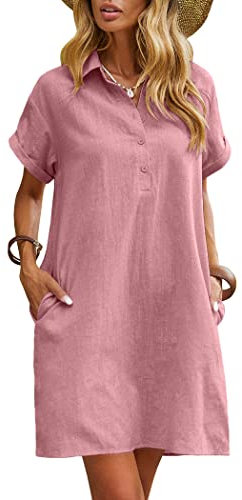 Zeagoo Robe d'été en Lin pour Femme Longueur Genou Décontractée Manches Courtes Chemise Robe de Plage Robe mi-Longue avec Poches