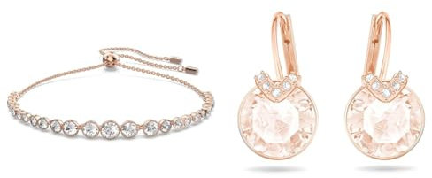 Swarovski Emily Bracelet, White Round Cut Crystals in a Rose Gold Tone Plated Setting, from the Emily Collection & Bella V drop earrings, Round cut, Pink, Rose gold-tone plated