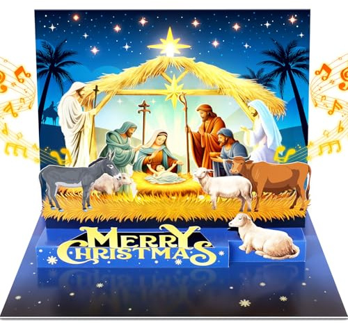 FEIMAITE Christmas Cards, Pop Up Religious Christmas Cards, Musical Merry Christmas Card, Christmas Gifts for Women Men Kids Husband Wife Mom Dad, Christmas Greeting Card with Envelopes