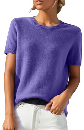 Womens Short Sleeve Knitted Sweater Plain Chunky Cable Crew Neck Jumpers Soft Smooth Loose Fit Knit Pullover Tops Classic and Versatile Office WorkT Shirt Blouse Knitwear Purple