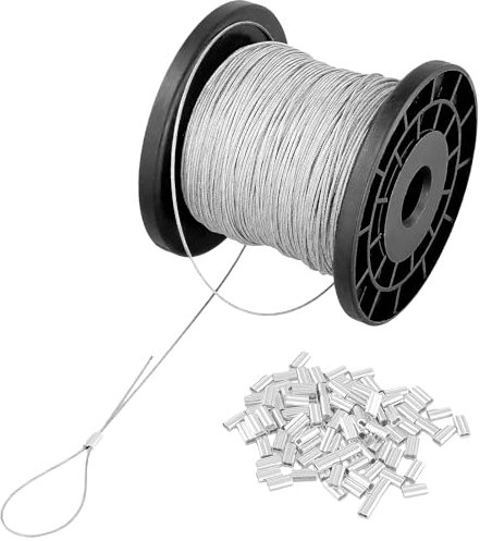 MAKTSAM Kit de cuerda de alambre de 130 m, cable de alambre de acero inoxidable de 1 mm con 100 abrazaderas de crimpado, funda de bucle de aluminio, cuerda de alambre resistente para colgar, agrupar,