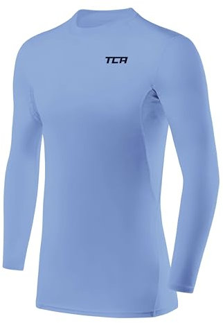 TCA Men's HyperFusion Compression Base Layer Top Long Sleeve Under Shirt - Crew Neck - Ice Blue, S