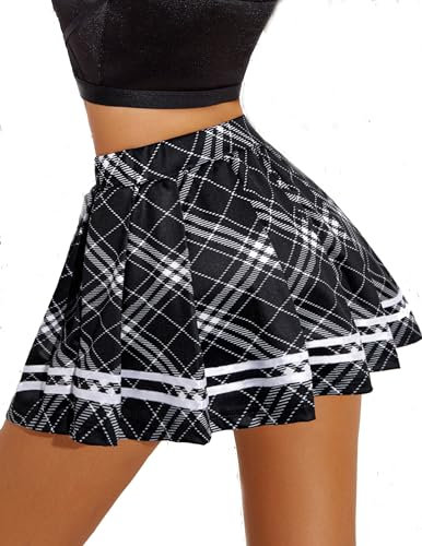 Avidlove Damen Kurz Rock Karneval Kostüm Sexy Skirt Basic Faltenrock Kariert Kleid Rave Outfit Hohe Taille Plisseerock Tennis Sportrock Party Minirock Elastisch Schule A-Linie Schwarz-Weiß-Plaid XXL