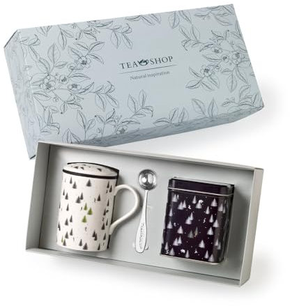 TEA SHOP - Pack Taza de porcelana con Filtro y Tapa + Lata y Cuchara medidora - Set Tea Time Classic Pyrenees - Perfecto para Regalo