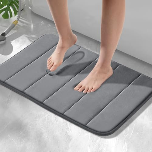HITSLAM Memory Foam Bath Mat Non Slip, 40 x 60cm Absorbent Bathroom Mat, Machine Washable Bath Rug for Bathroom, Soft on Feet, Quick Dry, Dark Grey