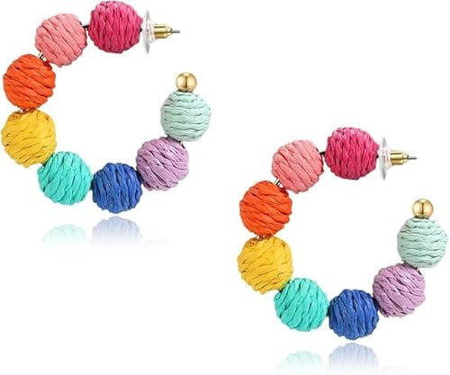 Bunte Raffias Ohrringe, Kugel Ohrringes, Boho Raffia Hoop Ohrring, Sommer Rattan Ohrringe, Statement Raffia Ohrringes, Böhmische Ohrhänger Anhänger, Schmuck für Mädchen und Frauen Sommer Strand