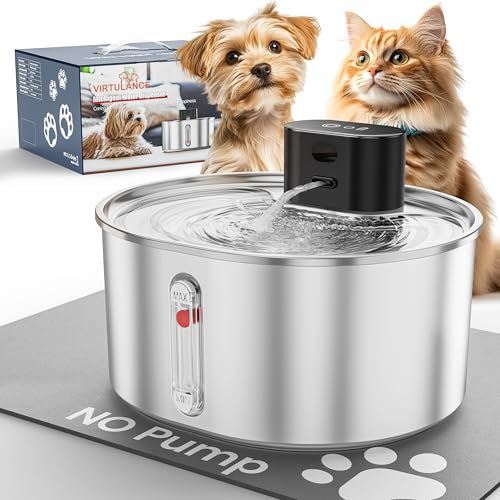 Virtulance Fuente de agua para gatos sin bomba con 3 filtros, fuente de agua inalámbrica de acero inoxidable para mascotas, dispensador automático inalámbrico, fuente que funciona con pilas con sensor