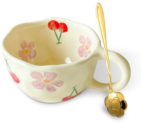 Keramik Tasse mit Löffel, Tasse Blumen, Kawaii Cappuccino Tassen 250ml, Rosa Kirsche Tasse Aesthetic, Teetasse, Geburtstagsgeschenk für Mädchen, Geschenk für das Liebesgeständnis