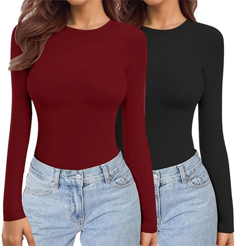 Ekouaer Womens 2 Pack Long Sleeve Tops Crew Neck Shirts Thermal Tops Stretch Fitted Underscrubs Layer Tee Black + Red M