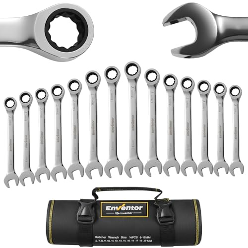 Enventor 14-Tlg Ratschenschlüssel Set mit Tragetasche, 6mm bis 19mm | Ratschen-Kombinationsschlüsselsatz, 90 Zähne,5° Schwenkradius–metrisch, Chrom-Vanadium-Stahl, Schwarz vernickelt