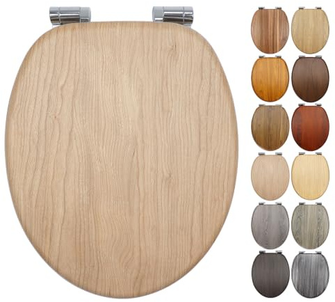 Fanmitrk WC Sitz mit Absenkautomatik, hochwertiger Toilettendeckel aus MDF Holz, Einfache Montage Stabiler Klodeckel, Toilettensitz passend für Standard-O-Form-WC (Goldmaser-Kirschbaum-Optik)