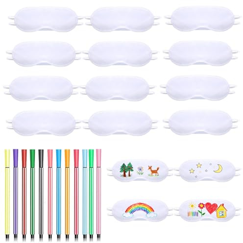 Schlafmaske Kinder, Übernachtungsparty Mädchen, 16 Stück Bemalbare Schlafmasken Mit 12 Farbstiften, Pyjama Party Deko, 18,5 X 8,5 Cm