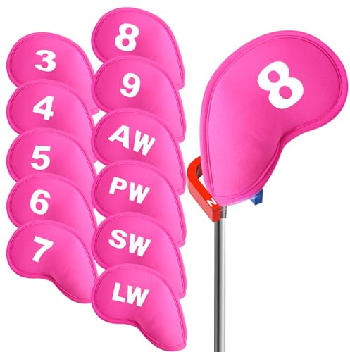 AMRTA Golf Iron Head Covers Magnetic Premium Neoprene Value 11 Pcs, Durable Headcovers with Printed Numbers Almost Fit All Irons Clubs, Bright Pink For Men Women Golfers
