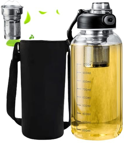 Glas-Trinkflasche, 1 Liter wiederverwendbar Glasflasche, Teeflasche mit Sieb to go mit Neoprenhülle und Edelstahl-Sieb, Wasserflasche Trinkflasche Glas für Sport, Büro, Schule & Outdoor (1000ML)