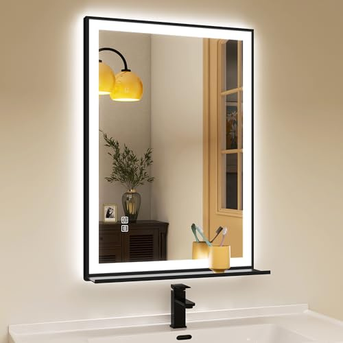 STARLEAD 500x700 mm Bathroom-Mirror-with-LED-Lights with Shelf, Anti-Fog, Dimmable 3 Colors LED Bathroom Mirror, Memory Function, Tempered Glass, CRI90+, IP44, Horizontal/Vertical Mount