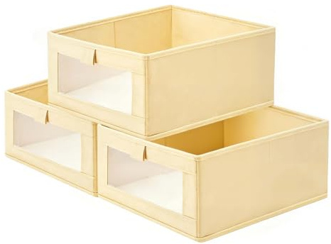 SERAVA 3 Stück Aufbewahrungsbox 40 x 27x 17cm Schrank Organizer Kleiderschrank Aufbewarungsbox stoff Faltbox mit Transparentem Sichtfenster für Kleiderschrank Kleidung Spielzeug Bücher Hellgelb