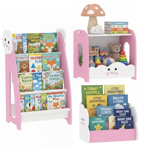 AIYAPLAY Bücherregal Kinder 3 in 1 mit 4 Ablagen 85,5 x 32 x 72 cm Rosa | Kinderregal Nachttisch Magazinregal mit 3 Ebenen, Spielzeug Aufbewahrung für Kinderzimmer, Spielzimmer