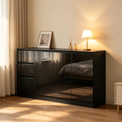 Wumagin Kommode 140 cm, Hochglanz Kommode mit Schubladen und Türen für Schlafzimmer, Wohnzimmer, Flur (Schwarz)
