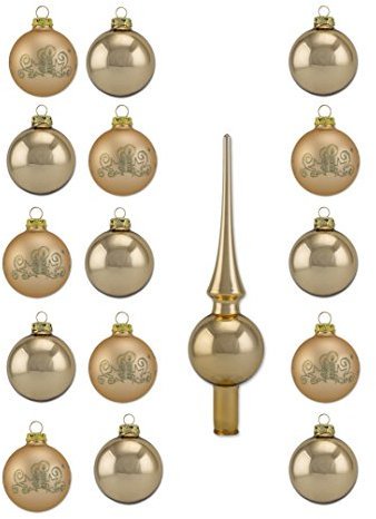 Thüringer Glasdesign A016-2356-1340 - 16 teiliges Christbaumschmuck Sortiment in Gold Uni glanz und Deko matt mit Dekor Kerze