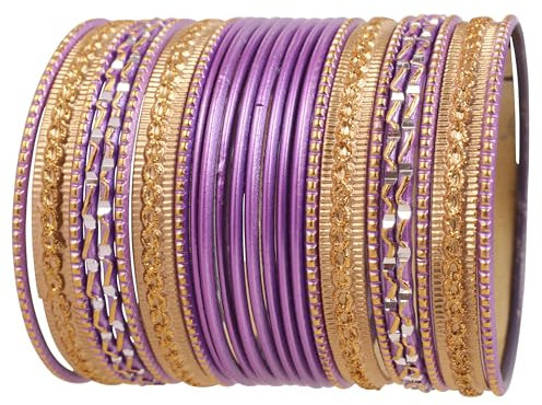 Touchstone New Colorful 2 Dozen Bangle Collection Indian Bollywood Alloy Metal Textured Purple Golden Designer Special Large Size Bangle Bracelets Set of 24. in Antique Gold Tone for Women