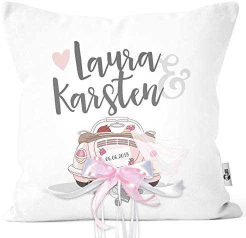 MoonWorks® personalisierbare Kissen-Hülle zur Hochzeit,Hochzeitskissen Auto Hochzeitsgeschenk Geldgeschenk Kissenhülle mit Schleife mit Schleife 40cm x 40cm