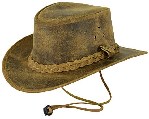 Leatherick Unisex-Cowboyhüte aus echtem Mad-Horse-Leder im West-Aussie-Stil mit Kinnriemen (M, Verrückte Bräune)