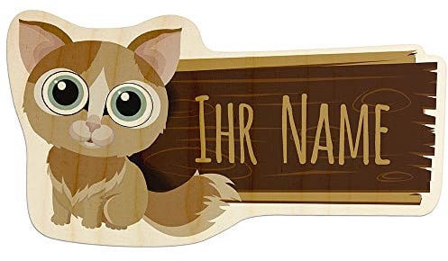 printplanet - Türschild aus Holz mit eigenem Text oder Namen - Namensschild, Holzschild, Kinderzimmer-Schild - Motiv Katze