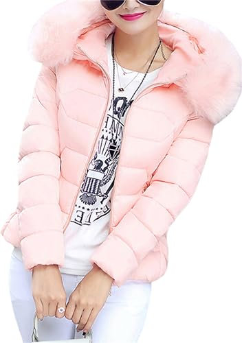 YMING Femmes Doudoune Hiver Chaud Hoodied Casual Slim Outerwear Avec Fourrure Veste Rose M
