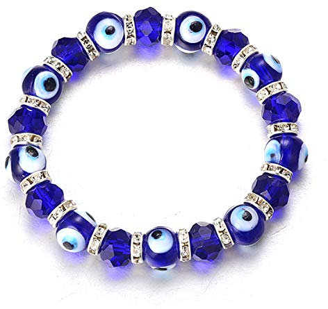 Halukakah Böser Blick Armband mit Diamanten für Männer Frauen,Platiniertes Saphir Blaues Auge Steinperlen Elastisch Handgemachtes Schutz Mal de Ojo Schmuck mit KOSTENLOSER Geschenkbox