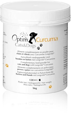 Kurkuma Pulver für Hunde, Katzen - Nahrungsergänzung | Hüfte & Gelenke Hunde Senior | Longvida Curcumin Pulver 96 gr | Optim Curcuma Cats & Dogs