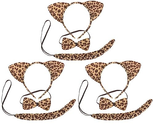 minkissy 3 Sets Nette Katze Ohren Handschuhe Fliege Und Set Tier Ohren Stirnband für Geburtstag Party Tier Cosplay Kostüm Gefälligkeiten Gelb Leopard