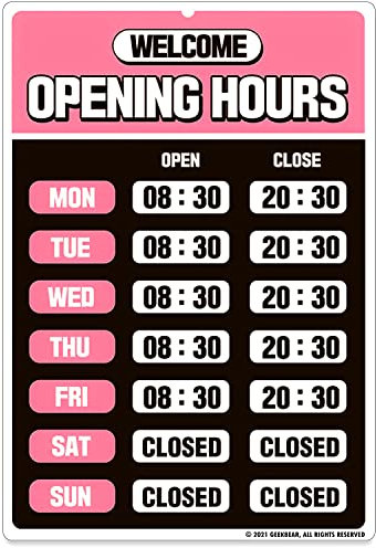 GEEKBEAR Panneau d'heures d'ouverture (Rose) - Panneau d'heure d'ouverture - Panneau d'heures de magasin - Panneaux d'heures d'ouverture pour les entreprises - Panneau ouvert avec heures