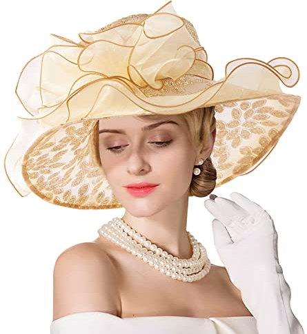 ELLYDOOR Derby-Fascinator für Damen, Organza, Kirche, Hochzeit, Teeparty, Hut, breite Krempe, Sonnenhut, 06 Gold, Einheitsgröße