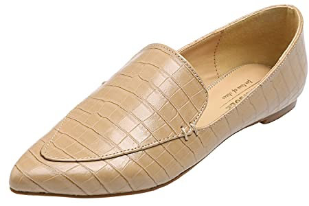 Feversole Women's Pointed Pumps, de Mujer I Flats Pisos de Mujer I Pisos Puntiagudos I Zapatos sin Cordones Bailarinas Cocodrilo Gris Pardo 37 EU