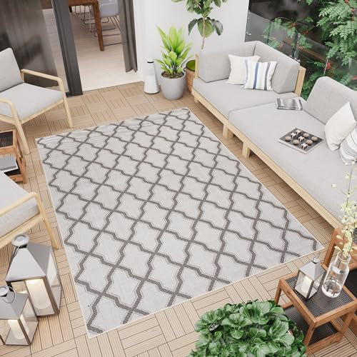 TAPISO Capri Outdoor Teppich Balkon Terrasse Küche Wohnzimmer Flachgewebe Grau Hellgrau Marokkanisch Kleeblatt Sisal Strapazierfähig Modern Design Indoor 140 x 200 cm