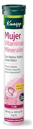 Kneipp Mujer Vitaminas y Minerales, Complemento de Magnesio, Calcio, Vitamina C, Zinc, Hierro y Yodo, Reduce el Cansancio, Aporta Enería y Aumenta las Defensas, Efervescentes, 15 Comprimidos