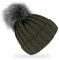 fiebig Strickmütze mit Kunstfell Bommel | Mütze aus Wolle mit Fleece-Futter | Beanie Made in Europe (Olivgrün)