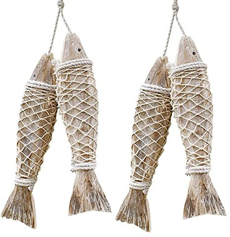 WANGCL 4 Stück Holz Fisch Dekoration Ornament Hängend Handgeschnitzt Wandkunst für Zuhause Innen Außen Terrasse Veranda Büro Nautische Wand Strand Thema (S)