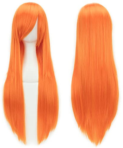 IMISSU 80 cm langes glattes Naturhaar Cosplay Perücken mit Pony Bunt Halloween Kostüm Party Perücke Haarverlängerungen (Fluoreszierend Orange)