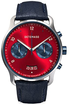 DeTomaso SORPASSO MACCHINA Silver Rot Herren-Armbanduhr Analog Quarz Lederarmband Dunkelblau